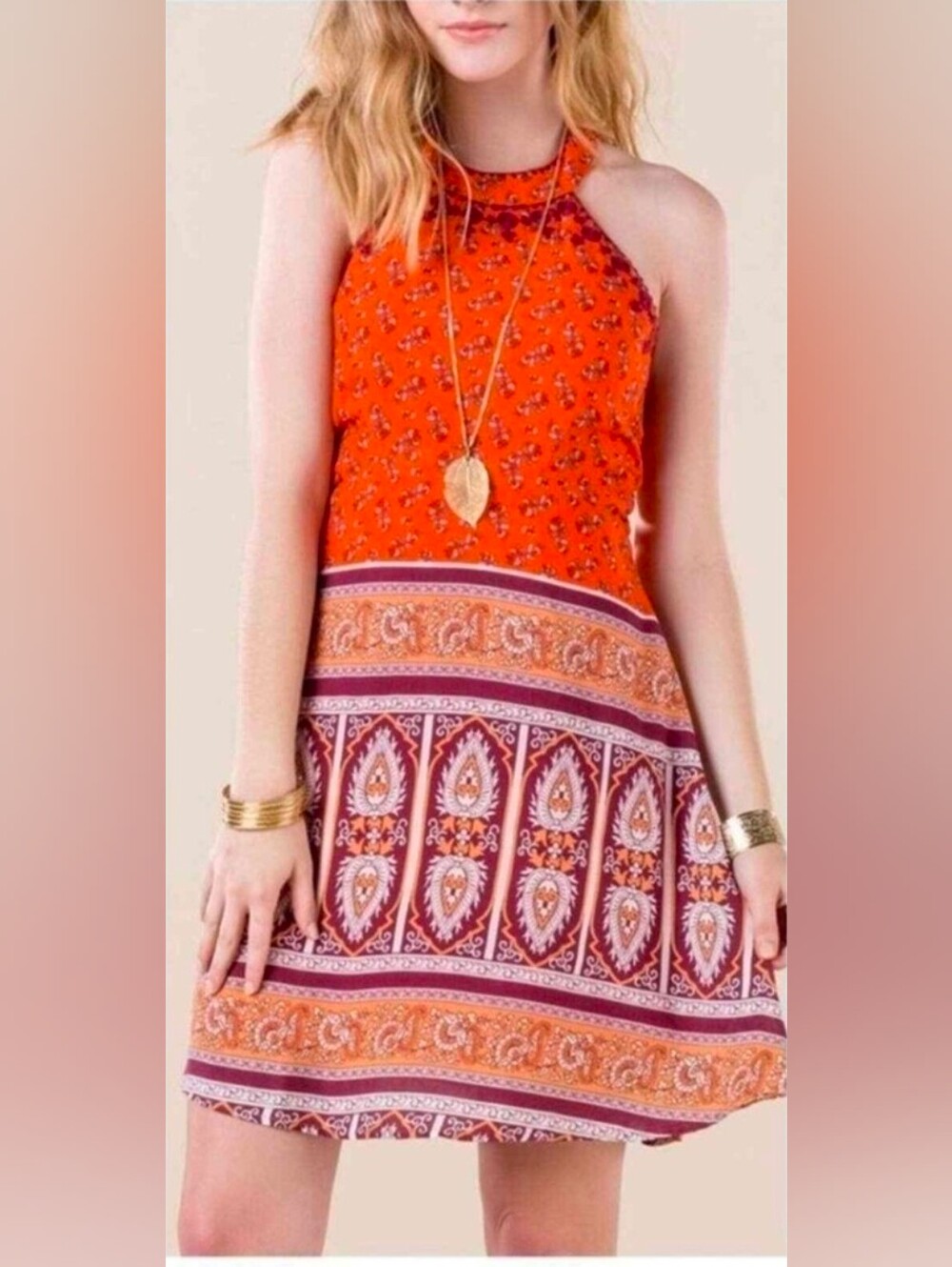 Alya Vibrant Orange Halter Paisley Print Dress Size M